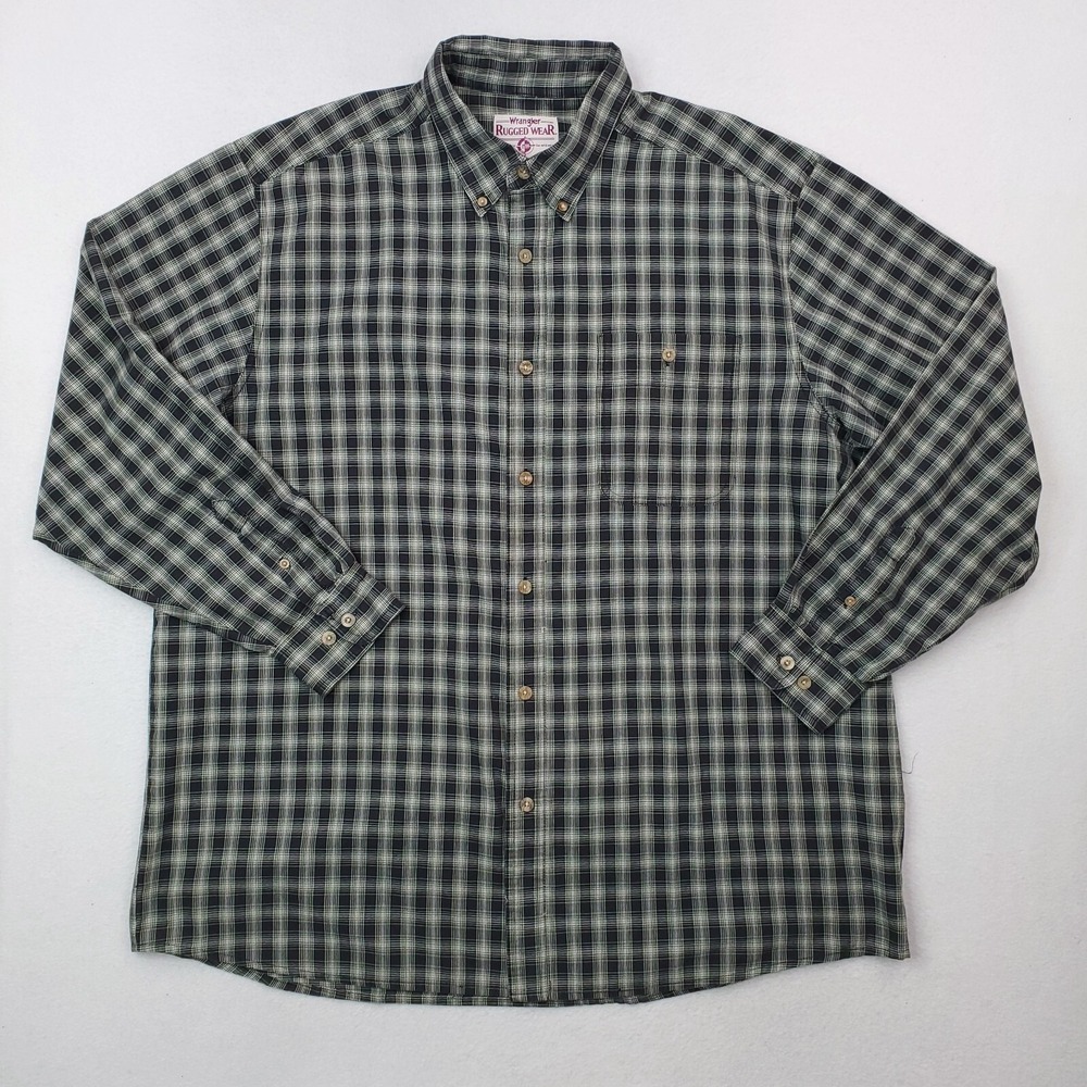Wrangler Shirt Mens 2XT Blue Green Plaid Button Down Western Cowboy Rugged Wear